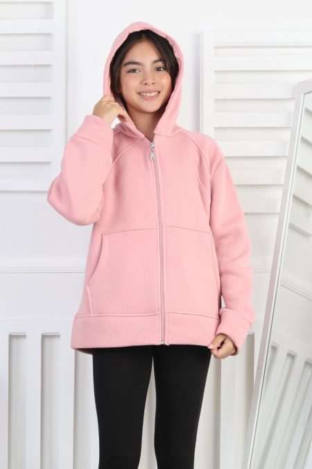Üç İplik Şardonlu Kapşonlu Kız Çocuk Pembe Sweatshirt