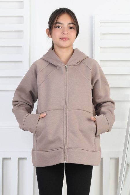 Üç İplik Şardonlu Kapşonlu Kız Çocuk Kahverengi Sweatshirt