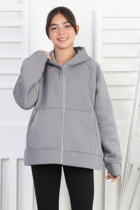 Üç İplik Şardonlu Kapşonlu Kız Çocuk Gri Sweatshirt