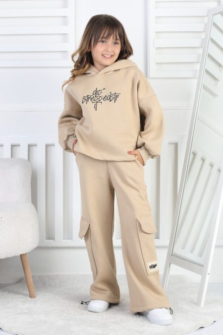 Üç İplik Baskılı Kapüşonlu Kız Çocuk Takım