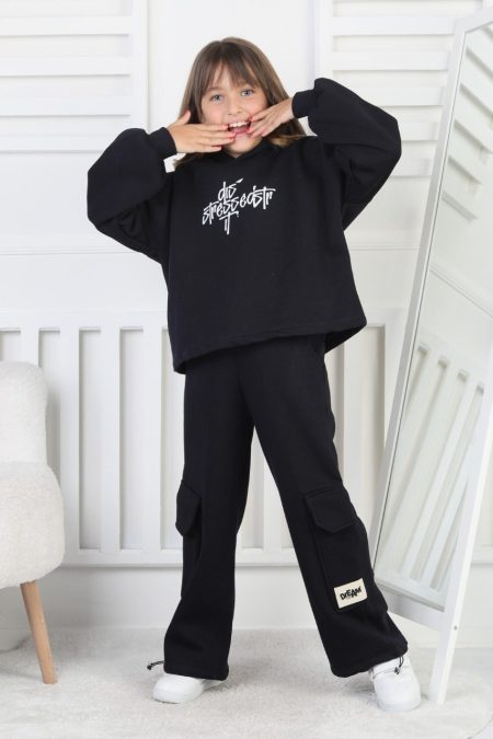 Üç İplik Baskılı Kapüşonlu Kız Çocuk Takım