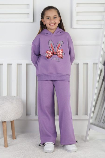Üç İplik Şardonlu Baskılı Kapüşonlu Kız Çocuk Takım