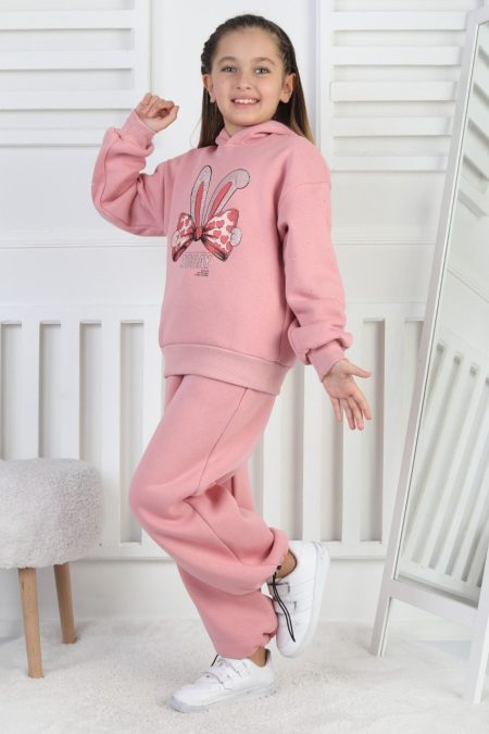 Üç İplik Şardonlu Baskılı Kapüşonlu Kız Çocuk Takım