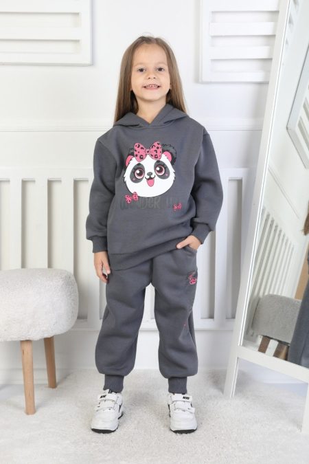 Üç İplik Şardonlu Baskılı Kapüşonlu Kız Çocuk Takım