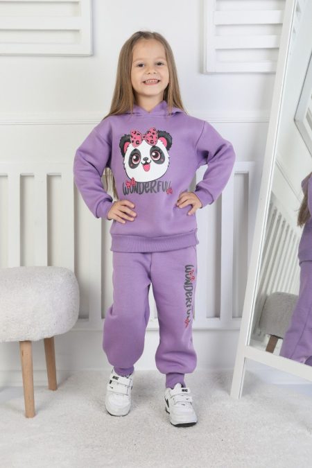 Üç İplik Şardonlu Baskılı Kapüşonlu Kız Çocuk Takım