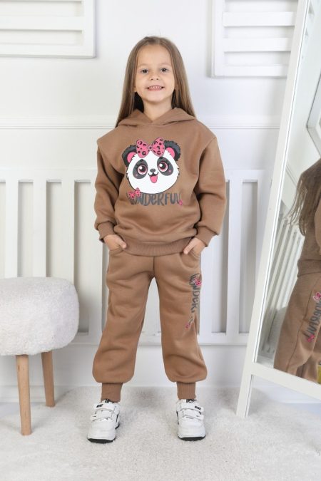 Üç İplik Şardonlu Baskılı Kapüşonlu Kız Çocuk Takım
