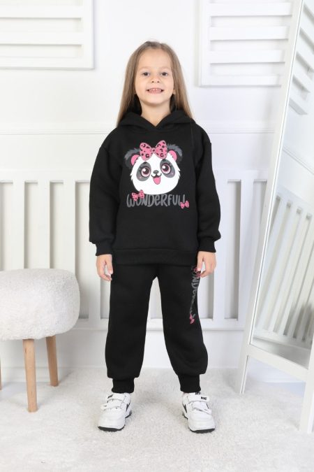 Üç İplik Şardonlu Baskılı Kapüşonlu Kız Çocuk Takım
