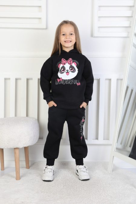 Üç İplik Şardonlu Baskılı Kapüşonlu Kız Çocuk Takım