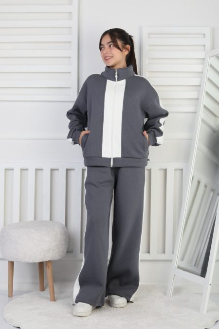 Üç İplik Şardonlu Çizgili Fermuarlı Kız Çocuk Gri İkili Takım