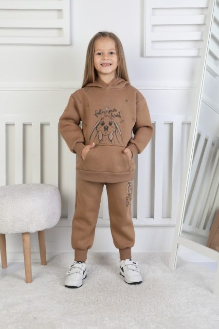 Üç İplik Şardonlu Baskılı Kapüşonlu Kız Çocuk Takım