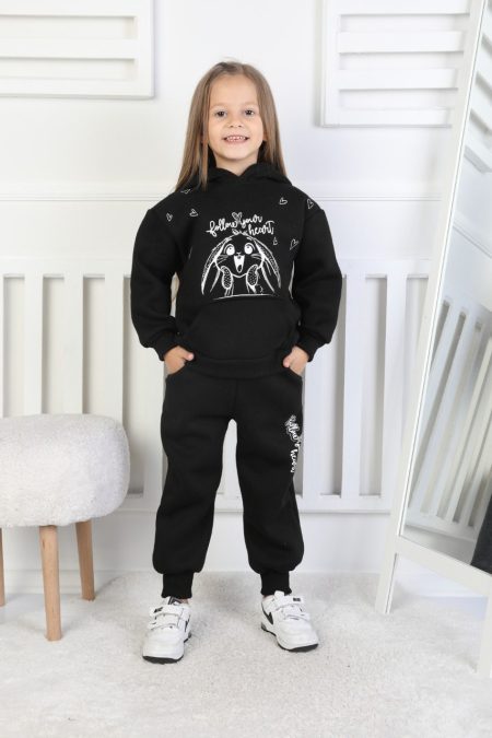 Üç İplik Şardonlu Baskılı Kapüşonlu Kız Çocuk Takım