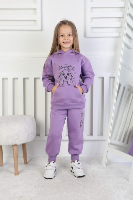 Üç İplik Şardonlu Baskılı Kapüşonlu Kız Çocuk Takım