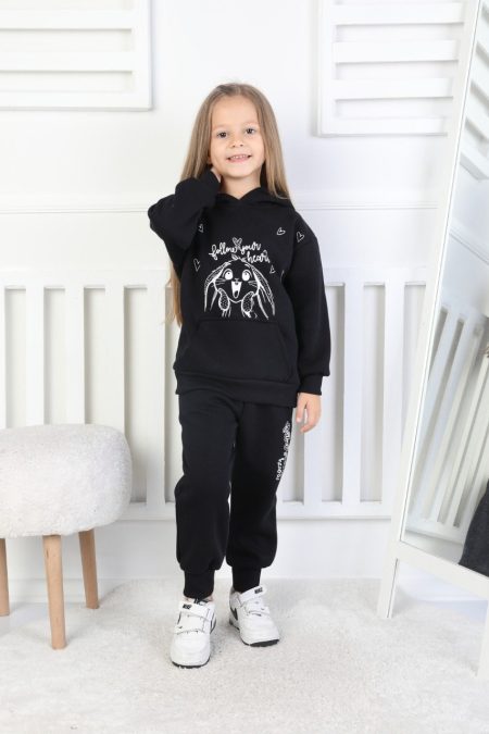 Üç İplik Şardonlu Baskılı Kapüşonlu Kız Çocuk Takım