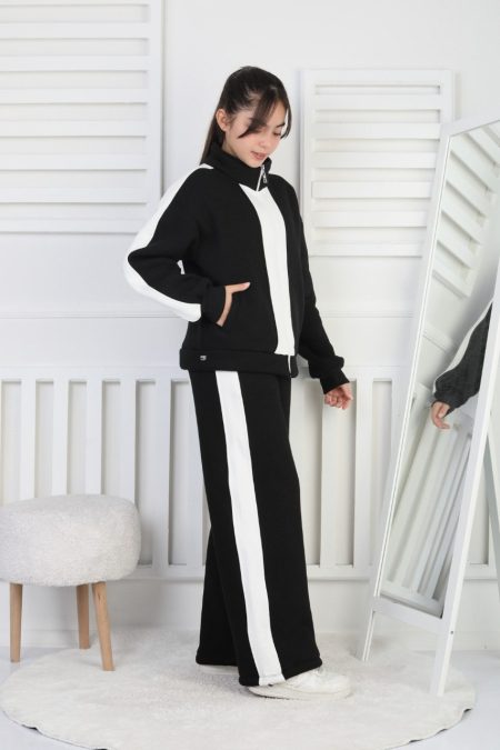 Üç İplik Şardonlu Çizgili Fermuarlı Kız Çocuk Siyah İkili Takım