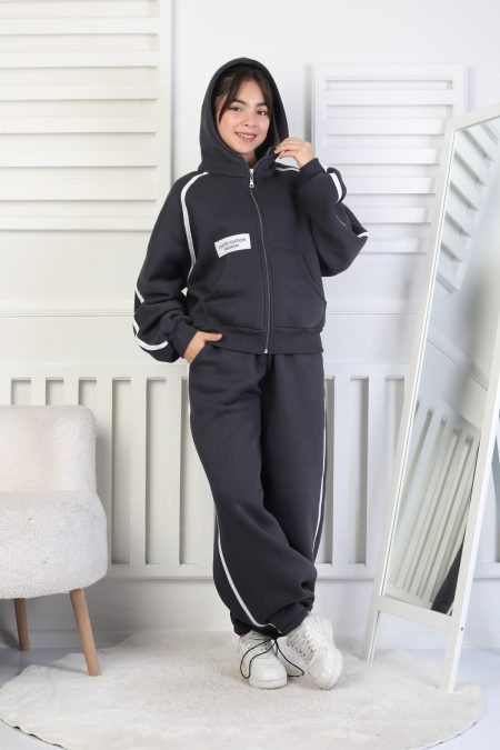 Üç İplik Şardonlu Fermuarlı Kapüşonlu Kız Çocuk Antrasit İkili Takım