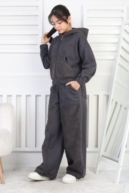 Üç İplik Şardonlu Kapüşonlu Kız Çocuk Antrasit İkili Takım