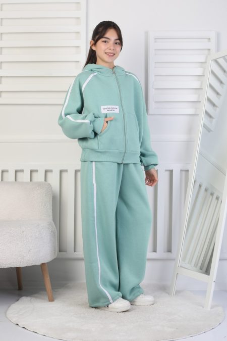 Üç İplik Şardonlu Fermuarlı Kapüşonlu Kız Çocuk Yeşil İkili Takım