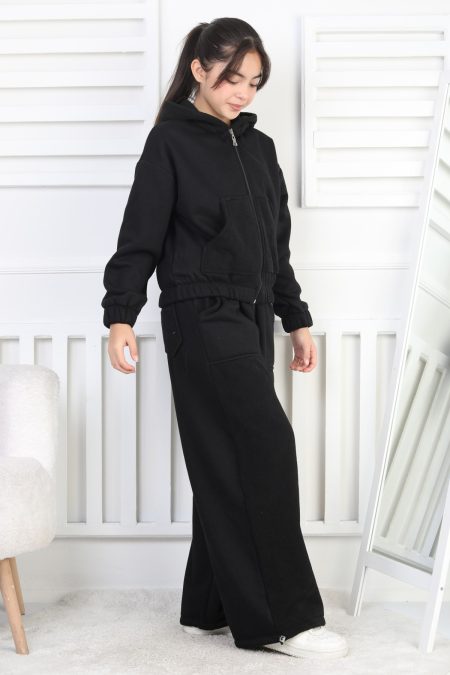 Üç İplik Şardonlu Kapüşonlu Kız Çocuk Siyah İkili Takım