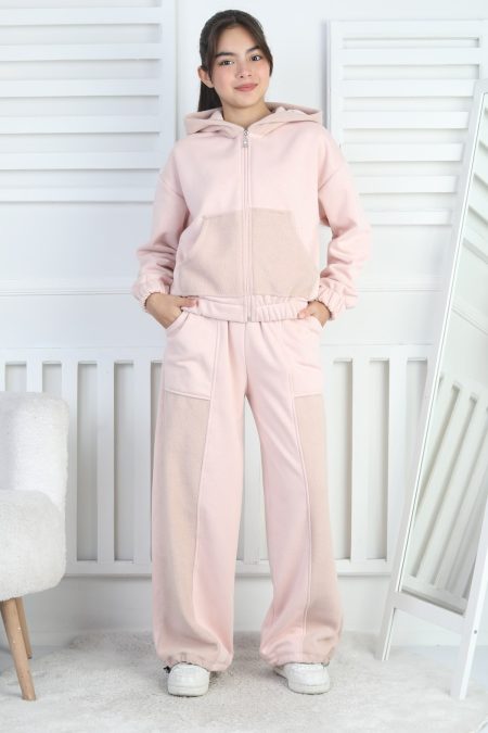 Üç İplik Şardonlu Kapüşonlu Kız Çocuk Pudra İkili Takım