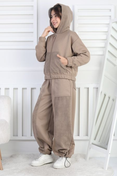 Üç İplik Şardonlu Kapüşonlu Kız Çocuk Kahverengi İkili Takım