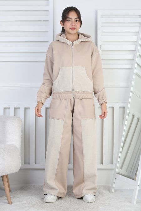 Üç İplik Şardonlu Kapüşonlu Kız Çocuk Bej İkili Takım