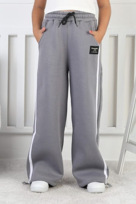 Üç İplik Şardonlu Bol Paça Dik Çizgili Kız Çocuk Eşofman Altı