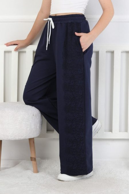 İki İplik Güpürlü Bol Paça Kız Çocuk Lacivert Eşofman Altı