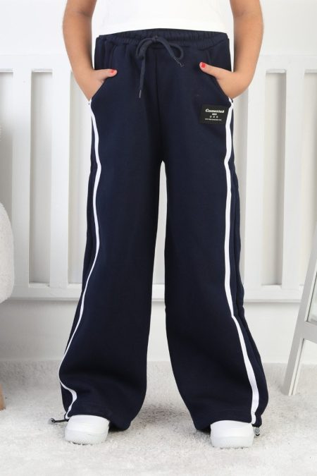 Üç İplik Şardonlu Bol Paça Dik Çizgili Kız Çocuk Eşofman Altı