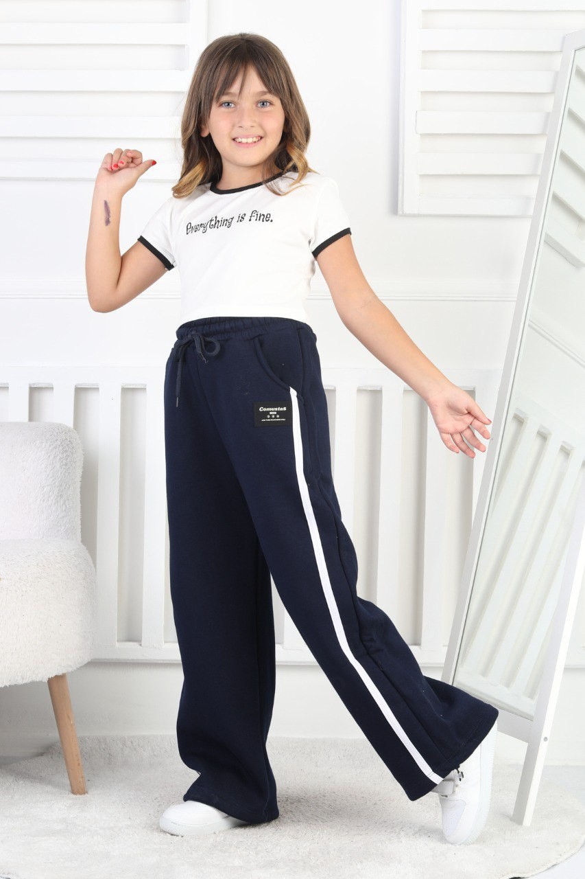 Üç İplik Şardonlu Bol Paça Dik Çizgili Kız Çocuk Eşofman Altı 3 Üç İplik Şardonlu Bol Paça Dik Çizgili Kız Çocuk Eşofman Altı - Görsel 3