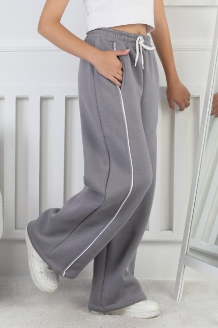 Üç İplik Şardonlu Bol Paça Tek Çizgi Kız Çocuk Gri Eşofman Altı