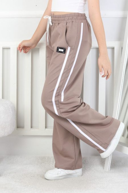 İki İplik Bol Paça Dik Çizgili Kız Çocuk Bej Eşofman Altı