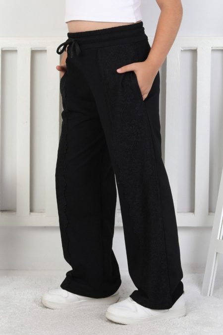 İki İplik Güpürlü Bol Paça Kız Çocuk Siyah Eşofman Altı