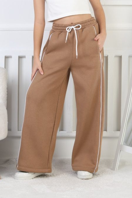 Üç İplik Şardonlu Bol Paça Tek Çizgi Kız Çocuk Taba Eşofman Altı