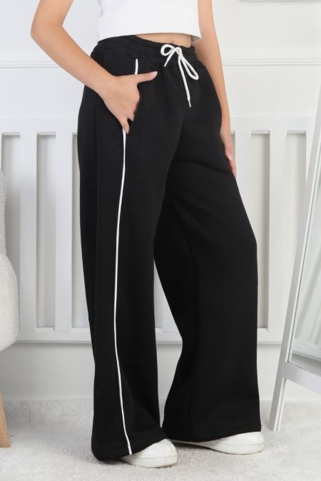 Üç İplik Şardonlu Bol Paça Tek Çizgi Kız Çocuk Siyah Eşofman Altı