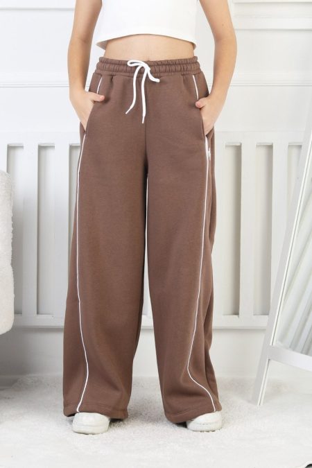 Üç İplik Şardonlu Bol Paça Tek Çizgi Kız Çocuk Kahverengi Eşofman Altı