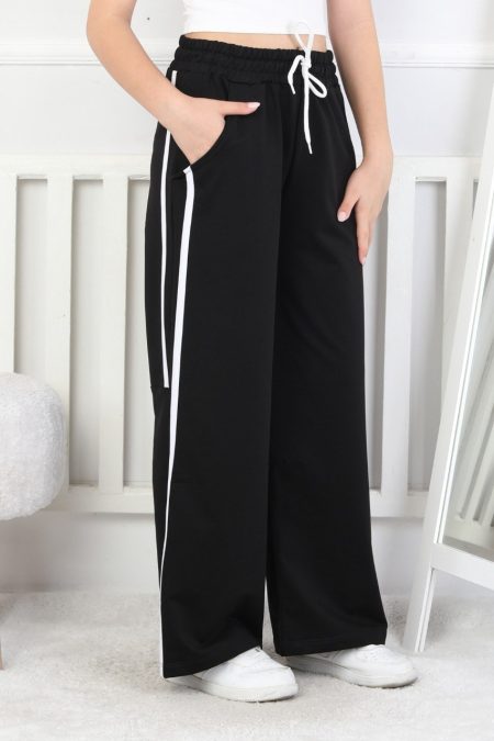 İki İplik Bol Paça Dik Çizgili Kız Çocuk Eşofman Altı