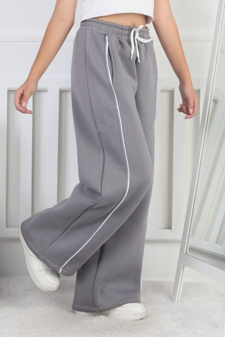 Üç İplik Şardonlu Bol Paça Tek Çizgi Kız Çocuk Eşofman Altı