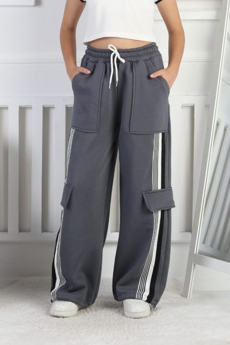 Üç İplik Şardonlu Kargo Çep Detaylı Bol Paça Kız Çocuk Gri Eşofman Altı