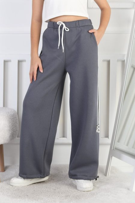 Üç İplik Şardonlu Çizgili Bol Paça Kız Çocuk Gri Eşofman Altı