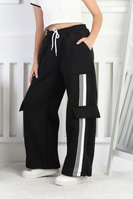 Üç İplik Şardonlu Kargo Cep Detaylı Bol Paça Kız Çocuk Siyah Eşofman Altı