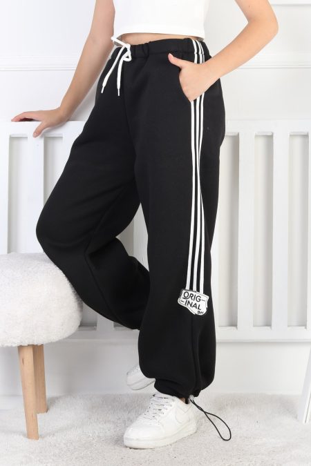 Üç İplik Şardonlu Çizgili Bol Paça Kız Çocuk Siyah Eşofman Altı