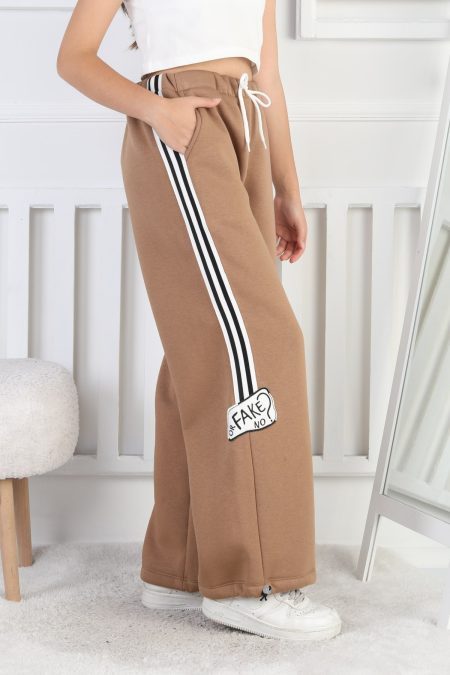 Üç İplik Şardonlu Çizgili Bol Paça Kız Çocuk Kahverengi Eşofman Altı