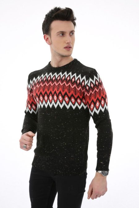 Baklava Desenli Siyah Kalın Kışlık Günlük Triko Kazak