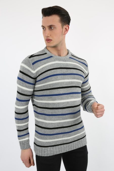 Çok Renkli Çizgi Desenli Gri Kalın Kışlık Günlük Triko Kazak