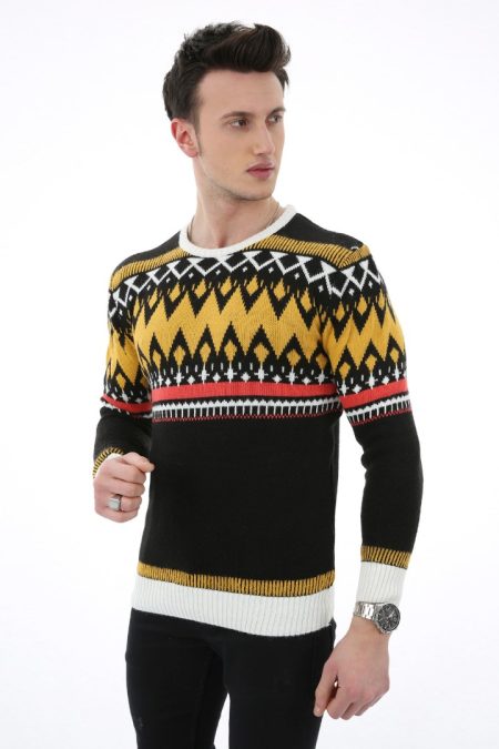 Renkli Desenli Sarı Kalın Kışlık Günlük Triko Kazak