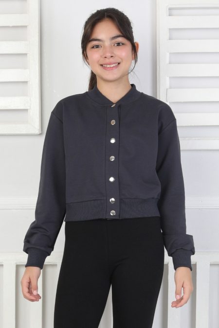 İki İplik Düz Düğmeli Kız Çocuk Antrasit Ceket