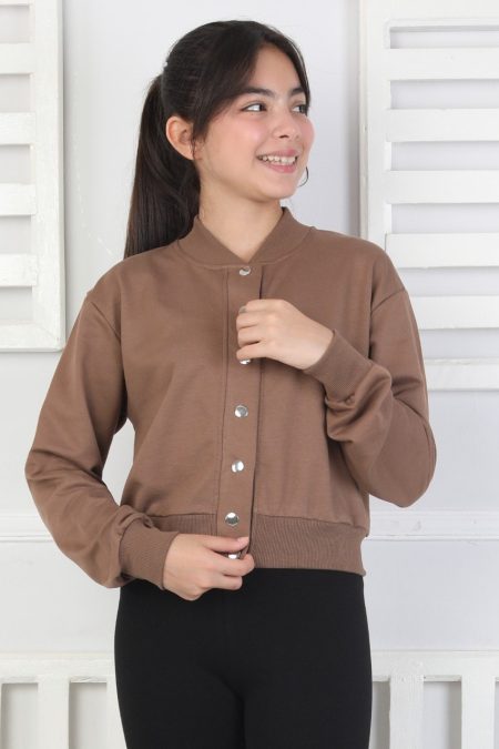 İki İplik Düz Düğmeli Kız Çocuk Kahverengi Ceket