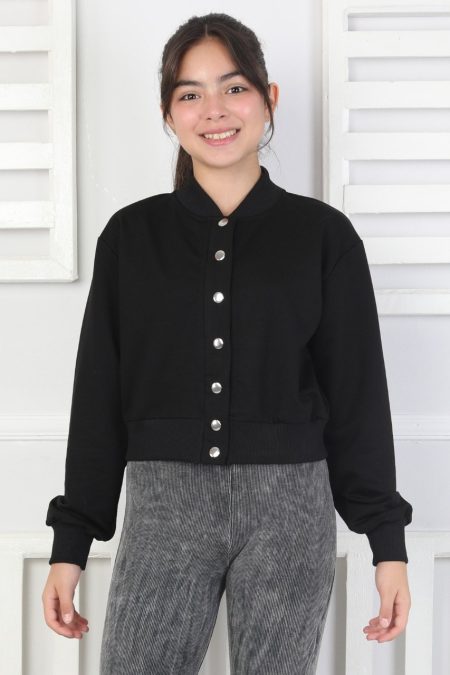 İki İplik Düz Düğmeli Kız Çocuk Siyah Ceket