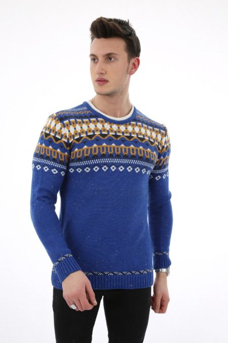 Desenli Saks Kalın Kışlık Günlük Triko Kazak