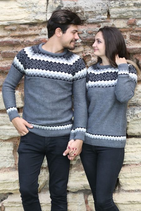 Baklava Desenli Gri Kalın Kışlık Günlük Triko Kazak